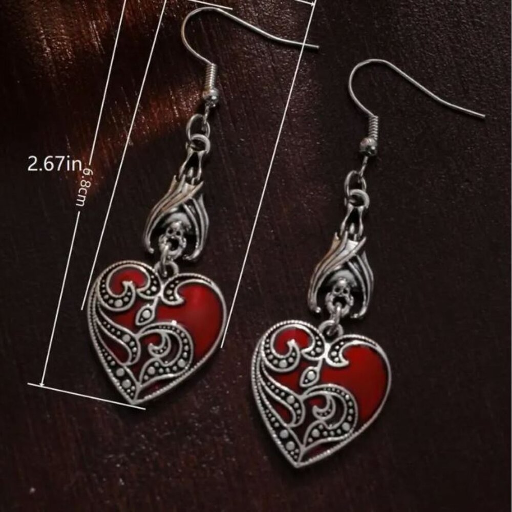NEW Belinda Gothic Silver Plated Ornate Red Heart Drop Earrings - Picture 4 of 4